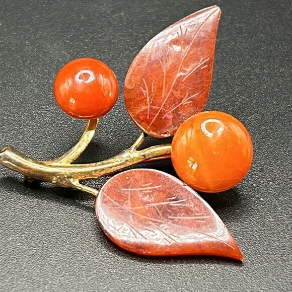 VTG Pressed Amber Leaves Deco Brooch Pin Gold Vermeil Sterling - Picture 6 of 6
